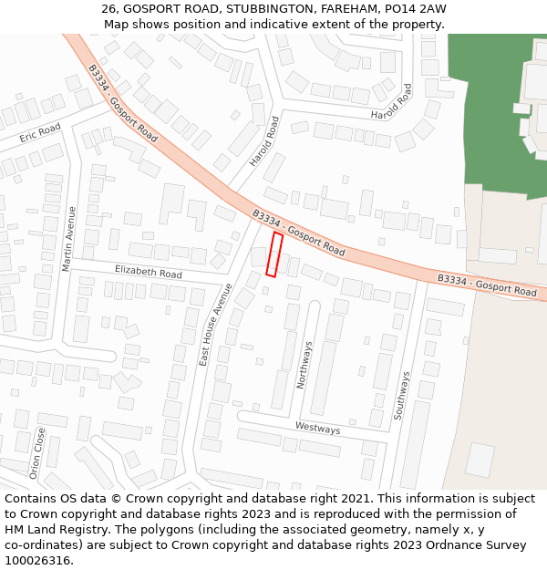 26, GOSPORT ROAD, STUBBINGTON, FAREHAM, PO14 2AW: Location map and indicative extent of plot