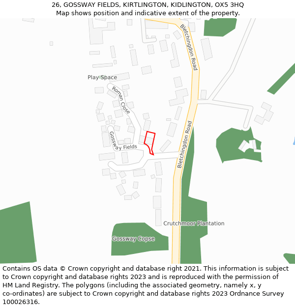 26, GOSSWAY FIELDS, KIRTLINGTON, KIDLINGTON, OX5 3HQ: Location map and indicative extent of plot