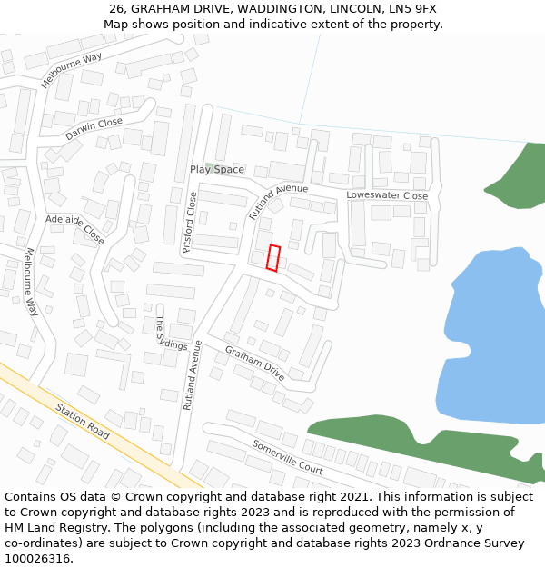 26, GRAFHAM DRIVE, WADDINGTON, LINCOLN, LN5 9FX: Location map and indicative extent of plot