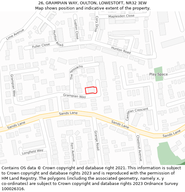 26, GRAMPIAN WAY, OULTON, LOWESTOFT, NR32 3EW: Location map and indicative extent of plot