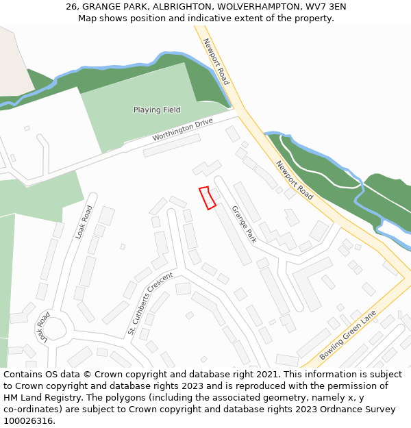 26, GRANGE PARK, ALBRIGHTON, WOLVERHAMPTON, WV7 3EN: Location map and indicative extent of plot