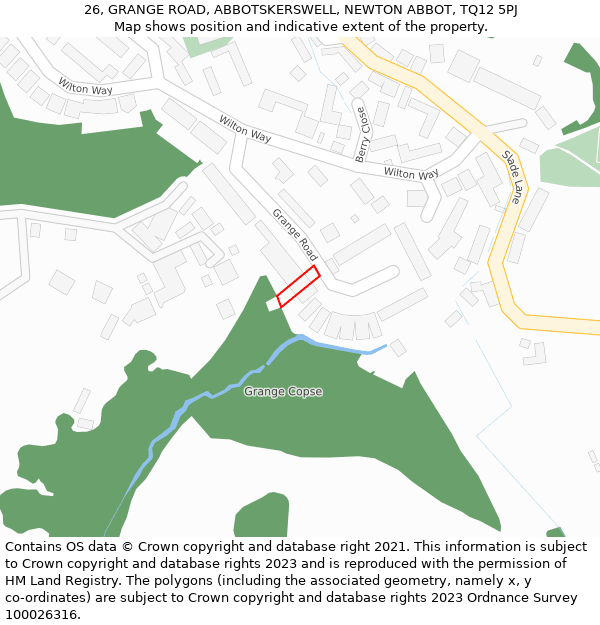 26, GRANGE ROAD, ABBOTSKERSWELL, NEWTON ABBOT, TQ12 5PJ: Location map and indicative extent of plot