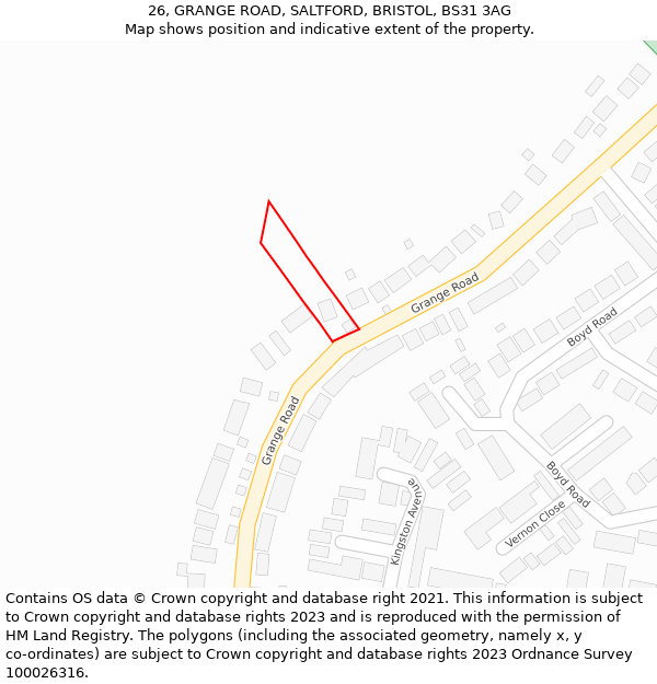 26, GRANGE ROAD, SALTFORD, BRISTOL, BS31 3AG: Location map and indicative extent of plot