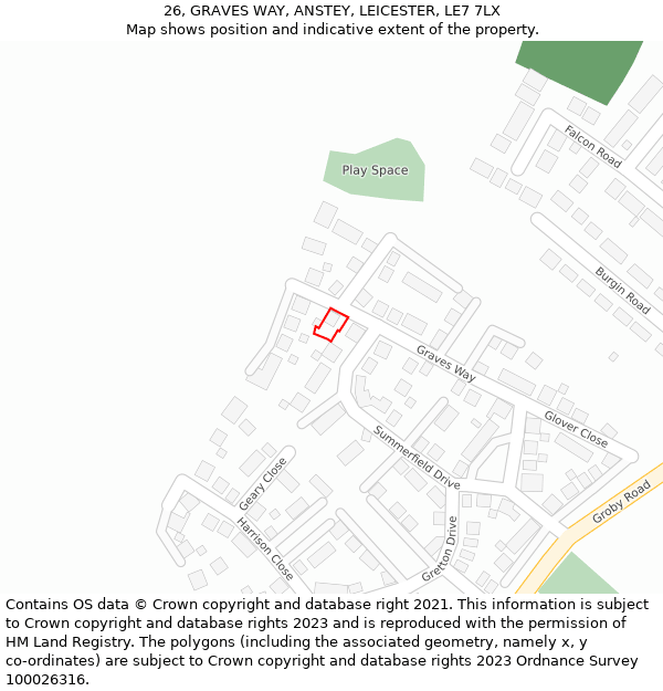 26, GRAVES WAY, ANSTEY, LEICESTER, LE7 7LX: Location map and indicative extent of plot