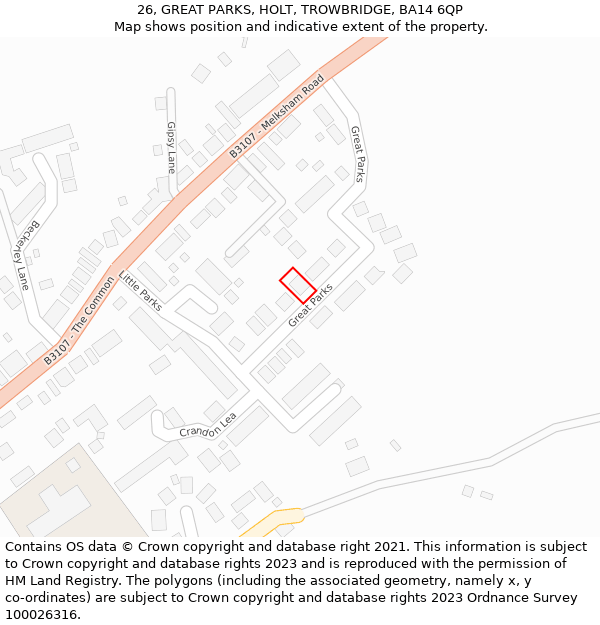 26, GREAT PARKS, HOLT, TROWBRIDGE, BA14 6QP: Location map and indicative extent of plot