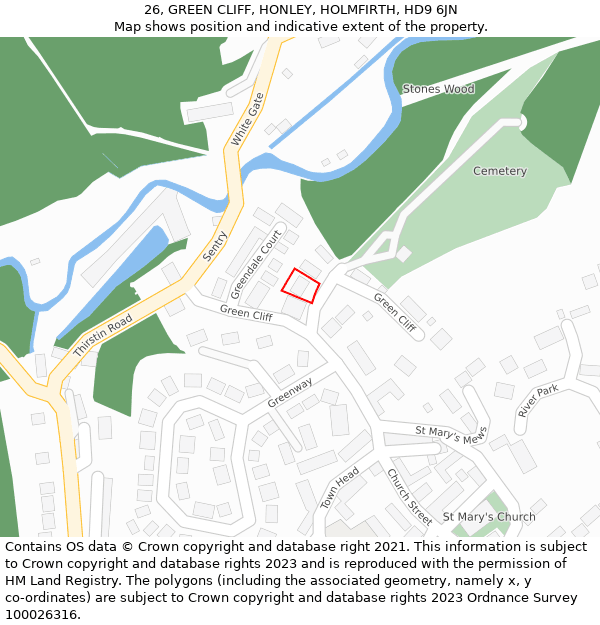 26, GREEN CLIFF, HONLEY, HOLMFIRTH, HD9 6JN: Location map and indicative extent of plot