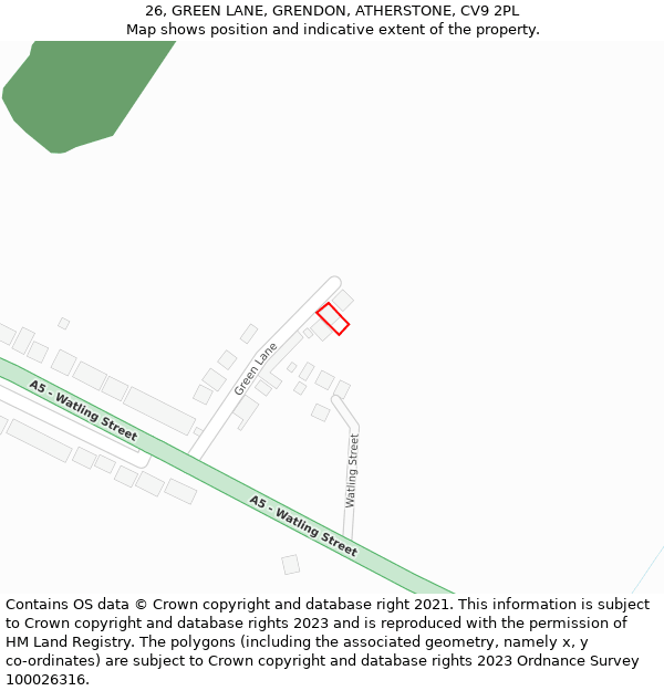 26, GREEN LANE, GRENDON, ATHERSTONE, CV9 2PL: Location map and indicative extent of plot