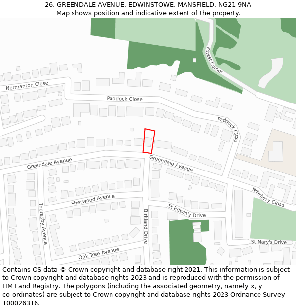 26, GREENDALE AVENUE, EDWINSTOWE, MANSFIELD, NG21 9NA: Location map and indicative extent of plot