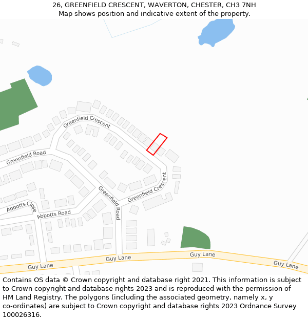 26, GREENFIELD CRESCENT, WAVERTON, CHESTER, CH3 7NH: Location map and indicative extent of plot