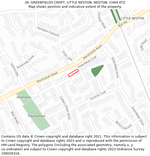 26, GREENFIELDS CROFT, LITTLE NESTON, NESTON, CH64 0TZ: Location map and indicative extent of plot