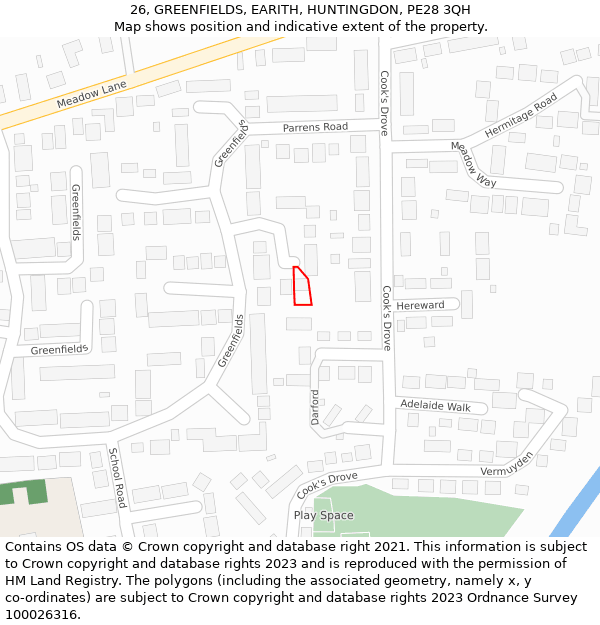 26, GREENFIELDS, EARITH, HUNTINGDON, PE28 3QH: Location map and indicative extent of plot