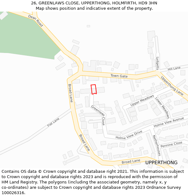 26, GREENLAWS CLOSE, UPPERTHONG, HOLMFIRTH, HD9 3HN: Location map and indicative extent of plot