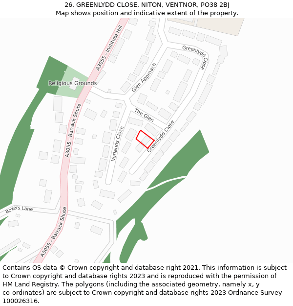 26, GREENLYDD CLOSE, NITON, VENTNOR, PO38 2BJ: Location map and indicative extent of plot