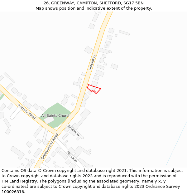 26, GREENWAY, CAMPTON, SHEFFORD, SG17 5BN: Location map and indicative extent of plot