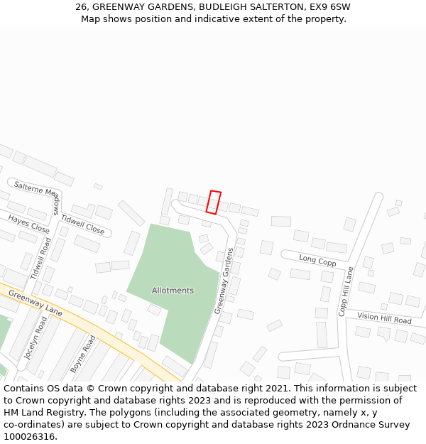 26, GREENWAY GARDENS, BUDLEIGH SALTERTON, EX9 6SW: Location map and indicative extent of plot