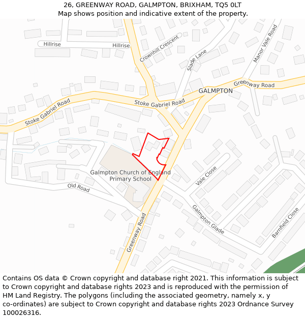 26, GREENWAY ROAD, GALMPTON, BRIXHAM, TQ5 0LT: Location map and indicative extent of plot