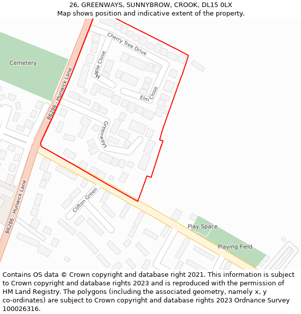 26, GREENWAYS, SUNNYBROW, CROOK, DL15 0LX: Location map and indicative extent of plot