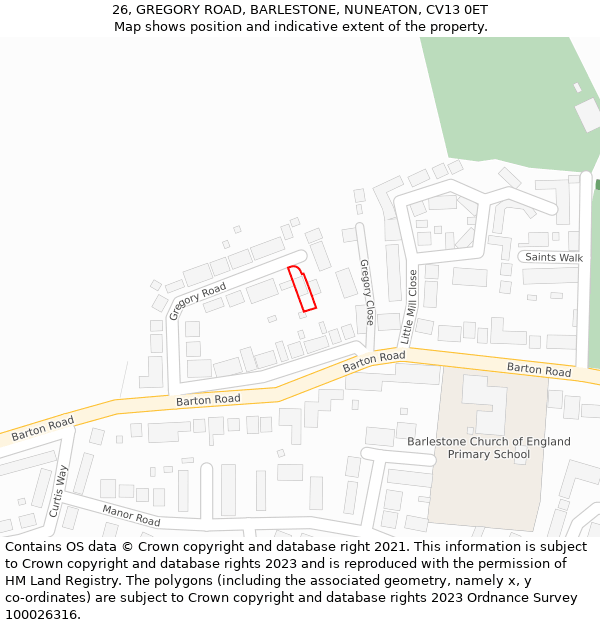 26, GREGORY ROAD, BARLESTONE, NUNEATON, CV13 0ET: Location map and indicative extent of plot