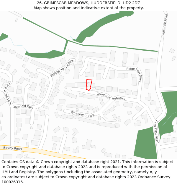 26, GRIMESCAR MEADOWS, HUDDERSFIELD, HD2 2DZ: Location map and indicative extent of plot