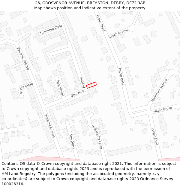 26, GROSVENOR AVENUE, BREASTON, DERBY, DE72 3AB: Location map and indicative extent of plot