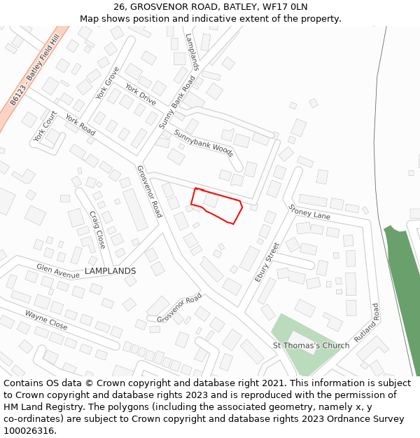 26, GROSVENOR ROAD, BATLEY, WF17 0LN: Location map and indicative extent of plot