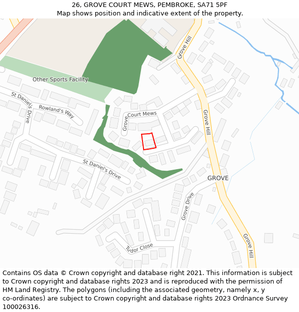 26, GROVE COURT MEWS, PEMBROKE, SA71 5PF: Location map and indicative extent of plot