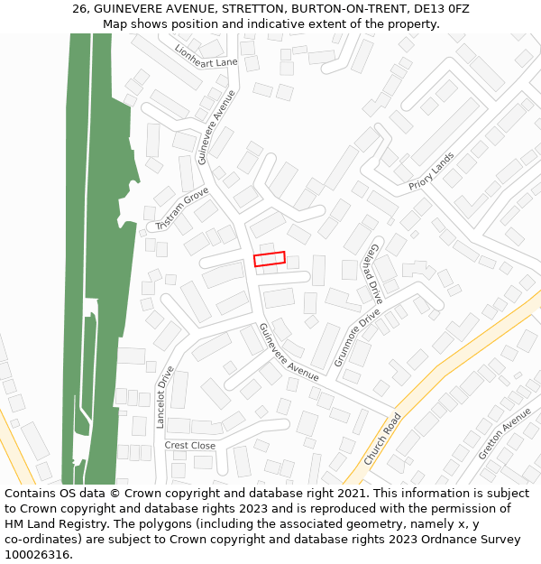 26, GUINEVERE AVENUE, STRETTON, BURTON-ON-TRENT, DE13 0FZ: Location map and indicative extent of plot