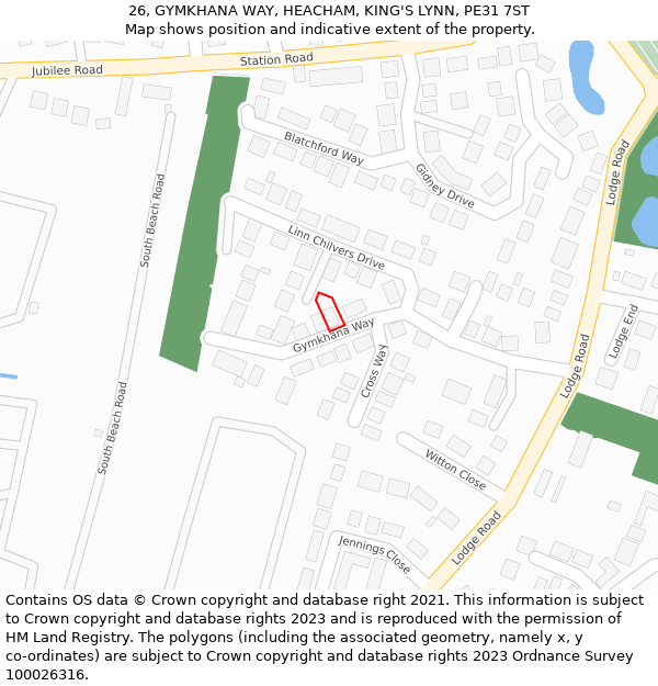 26, GYMKHANA WAY, HEACHAM, KING'S LYNN, PE31 7ST: Location map and indicative extent of plot