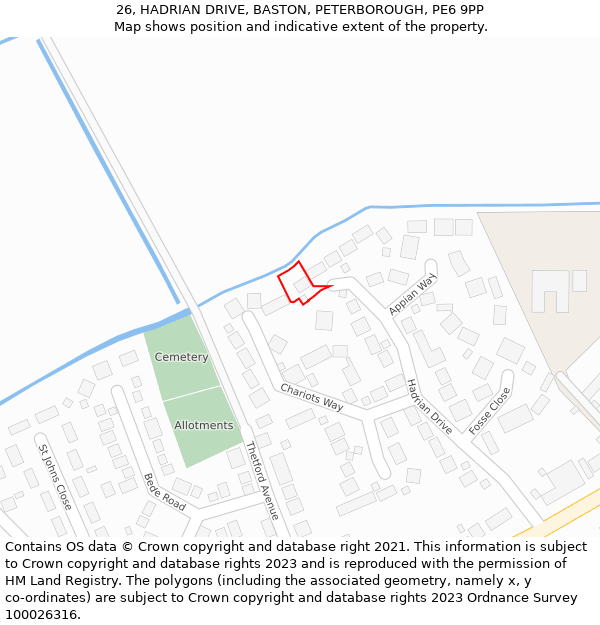 26, HADRIAN DRIVE, BASTON, PETERBOROUGH, PE6 9PP: Location map and indicative extent of plot