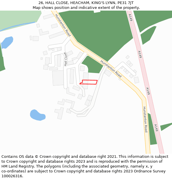 26, HALL CLOSE, HEACHAM, KING'S LYNN, PE31 7JT: Location map and indicative extent of plot