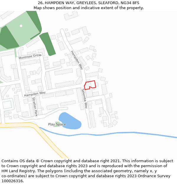 26, HAMPDEN WAY, GREYLEES, SLEAFORD, NG34 8FS: Location map and indicative extent of plot