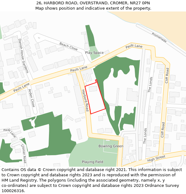 26, HARBORD ROAD, OVERSTRAND, CROMER, NR27 0PN: Location map and indicative extent of plot