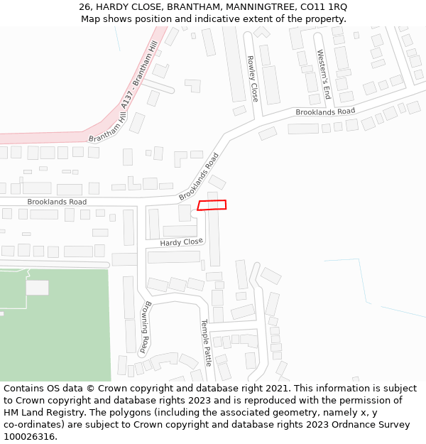 26, HARDY CLOSE, BRANTHAM, MANNINGTREE, CO11 1RQ: Location map and indicative extent of plot