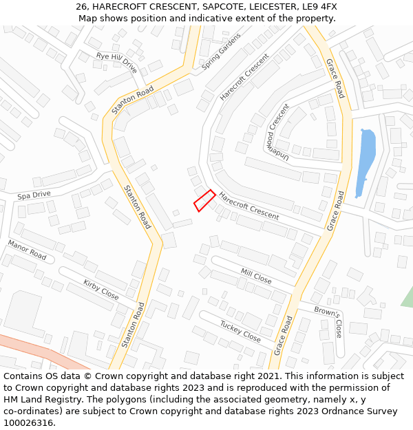 26, HARECROFT CRESCENT, SAPCOTE, LEICESTER, LE9 4FX: Location map and indicative extent of plot