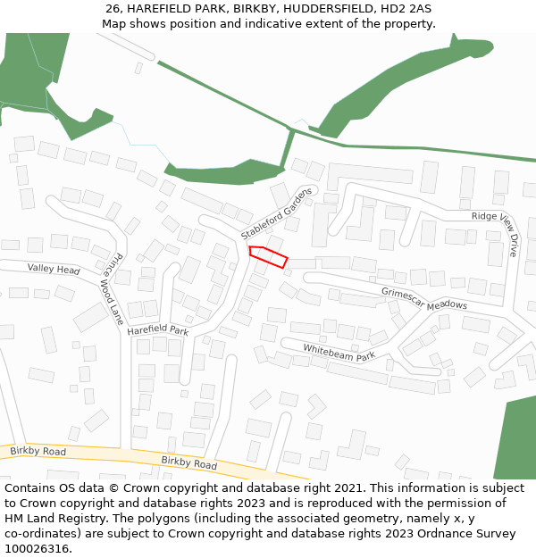 26, HAREFIELD PARK, BIRKBY, HUDDERSFIELD, HD2 2AS: Location map and indicative extent of plot