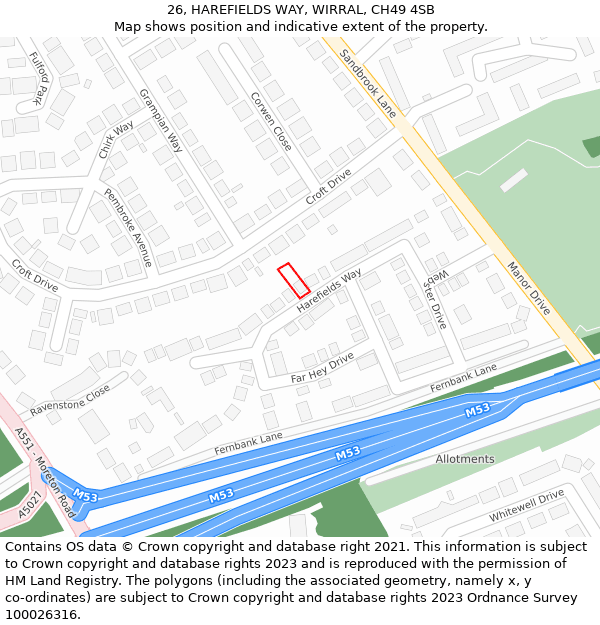 26, HAREFIELDS WAY, WIRRAL, CH49 4SB: Location map and indicative extent of plot