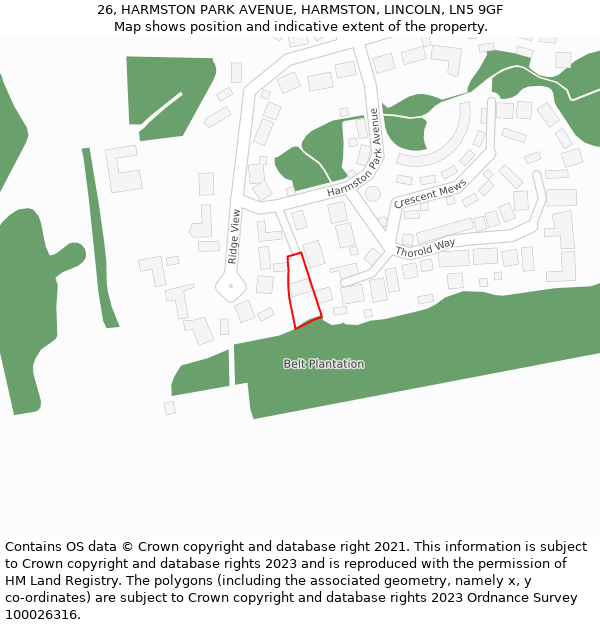 26, HARMSTON PARK AVENUE, HARMSTON, LINCOLN, LN5 9GF: Location map and indicative extent of plot