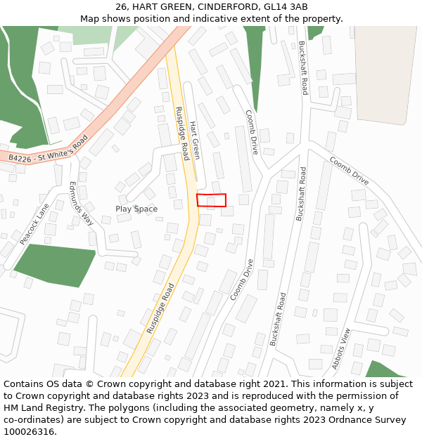 26, HART GREEN, CINDERFORD, GL14 3AB: Location map and indicative extent of plot