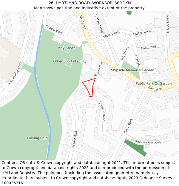 26, HARTLAND ROAD, WORKSOP, S80 1XN: Location map and indicative extent of plot