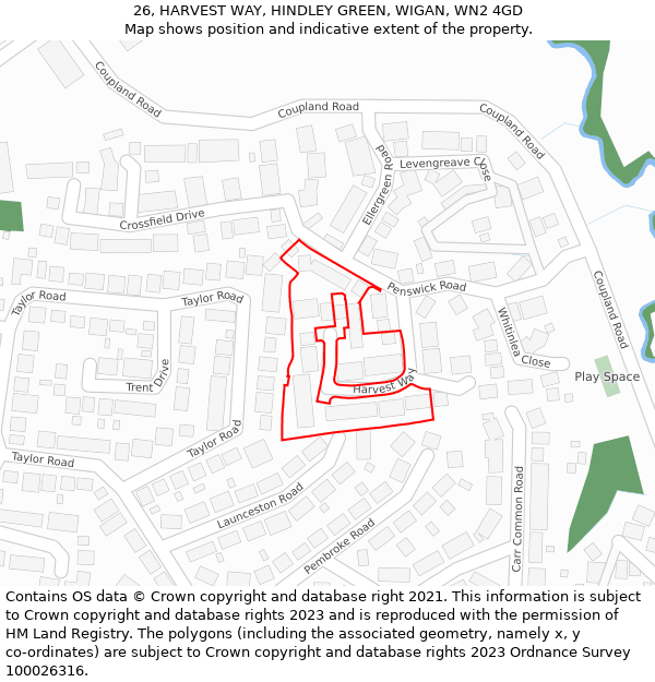 26, HARVEST WAY, HINDLEY GREEN, WIGAN, WN2 4GD: Location map and indicative extent of plot