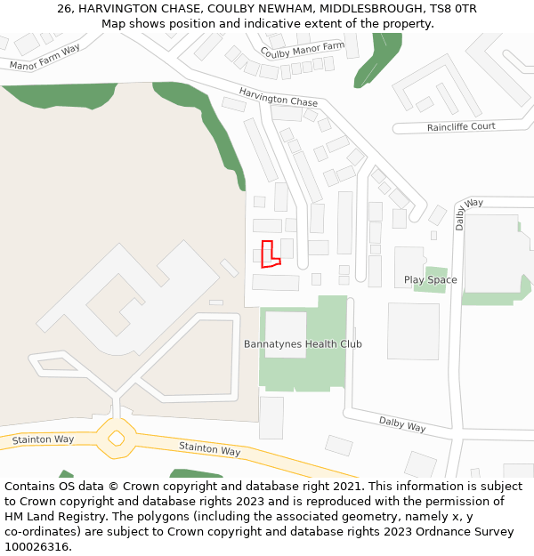 26, HARVINGTON CHASE, COULBY NEWHAM, MIDDLESBROUGH, TS8 0TR: Location map and indicative extent of plot