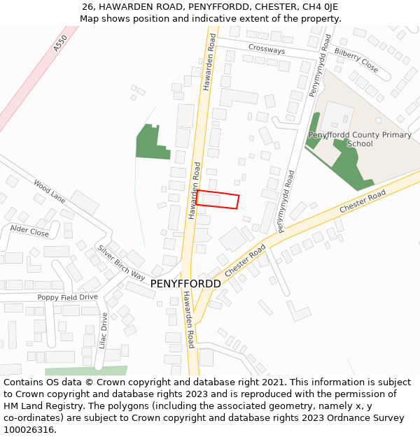 26, HAWARDEN ROAD, PENYFFORDD, CHESTER, CH4 0JE: Location map and indicative extent of plot