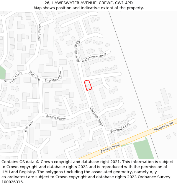 26, HAWESWATER AVENUE, CREWE, CW1 4PD: Location map and indicative extent of plot