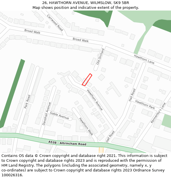 26, HAWTHORN AVENUE, WILMSLOW, SK9 5BR: Location map and indicative extent of plot