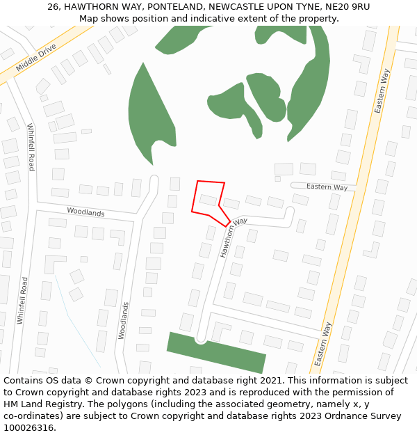 26, HAWTHORN WAY, PONTELAND, NEWCASTLE UPON TYNE, NE20 9RU: Location map and indicative extent of plot