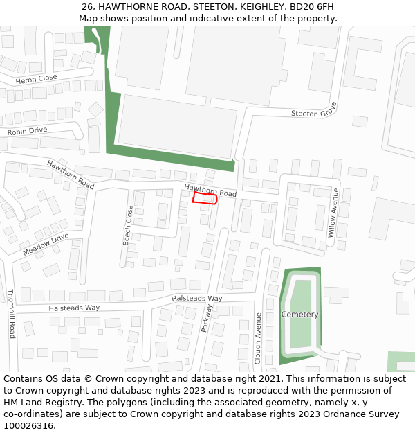 26, HAWTHORNE ROAD, STEETON, KEIGHLEY, BD20 6FH: Location map and indicative extent of plot