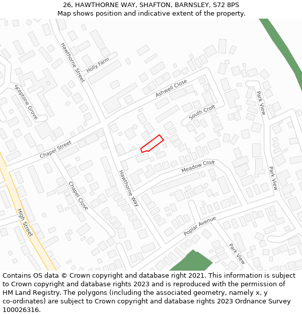 26, HAWTHORNE WAY, SHAFTON, BARNSLEY, S72 8PS: Location map and indicative extent of plot