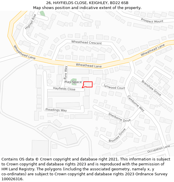 26, HAYFIELDS CLOSE, KEIGHLEY, BD22 6SB: Location map and indicative extent of plot