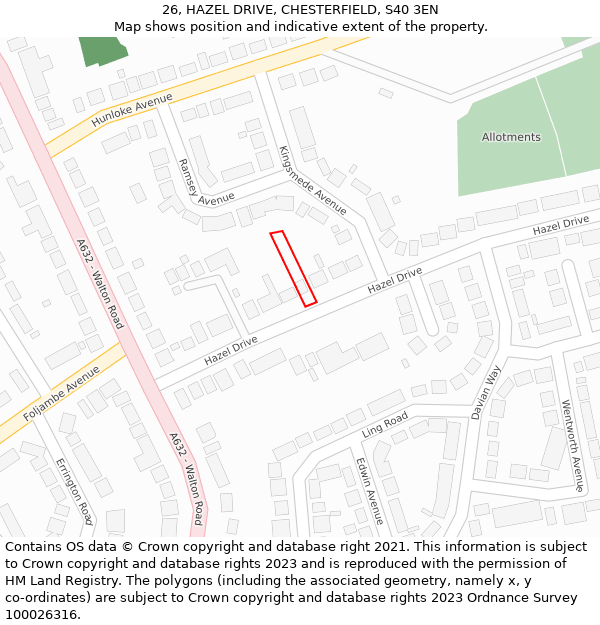 26, HAZEL DRIVE, CHESTERFIELD, S40 3EN: Location map and indicative extent of plot