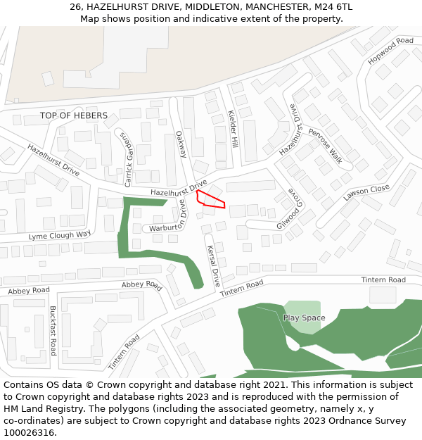 26, HAZELHURST DRIVE, MIDDLETON, MANCHESTER, M24 6TL: Location map and indicative extent of plot